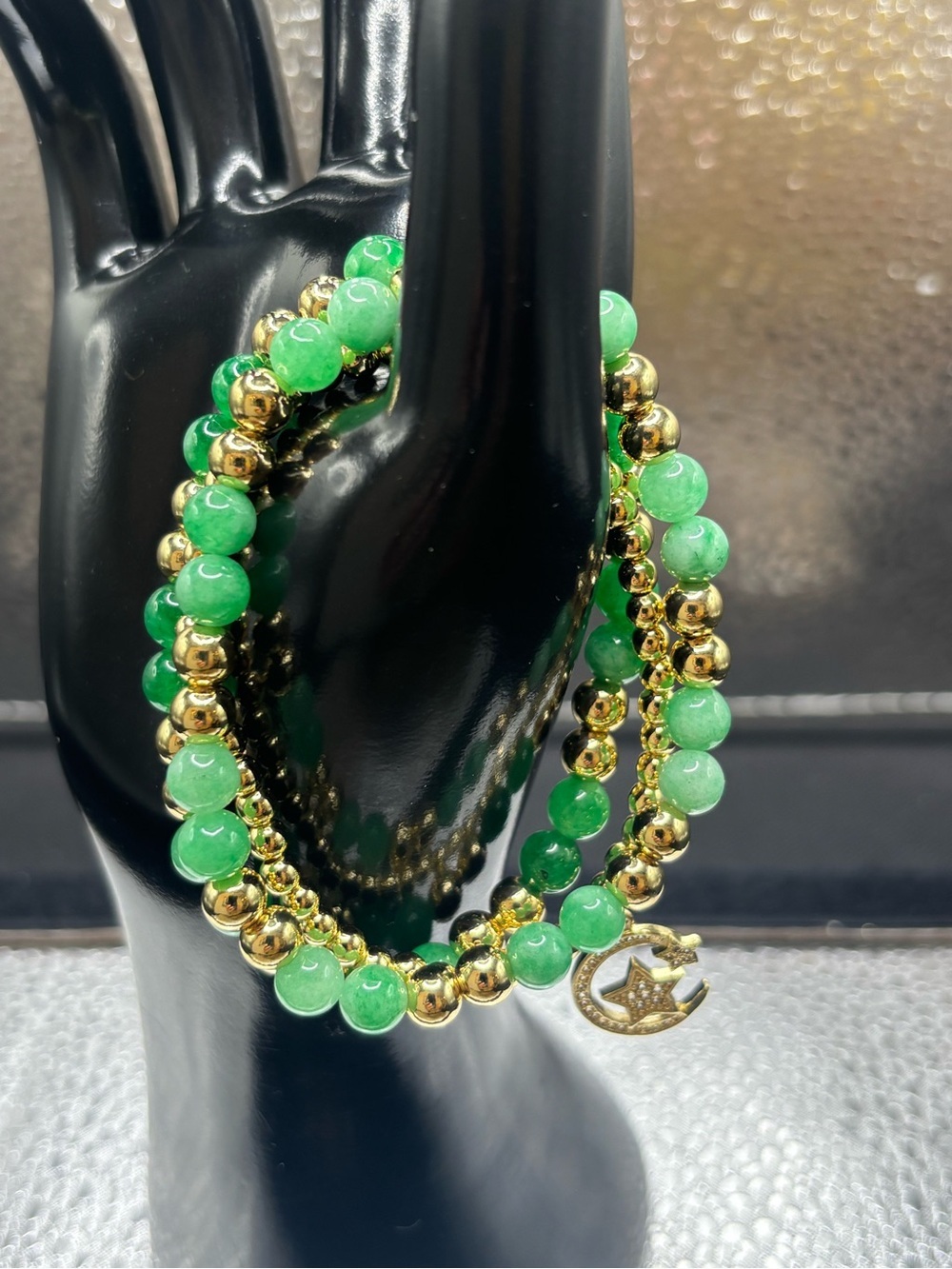 Gold & Jade Beaded Stretch Bracelet Set with Sun & Star Charm Set of Three